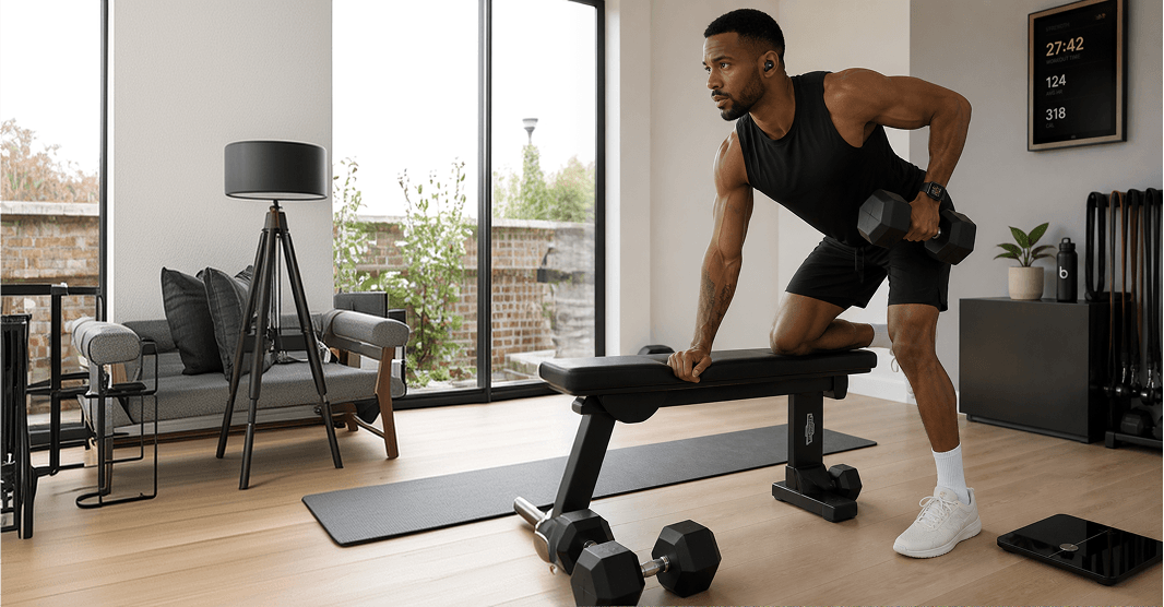 Athlete strength training with dumbbells in a home gym